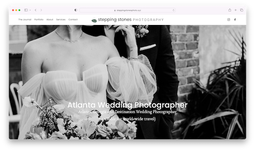 image of SteppingStonesPhoto.xyz homepage featuring a black and white image of a bride and groom posing for a wedding photo