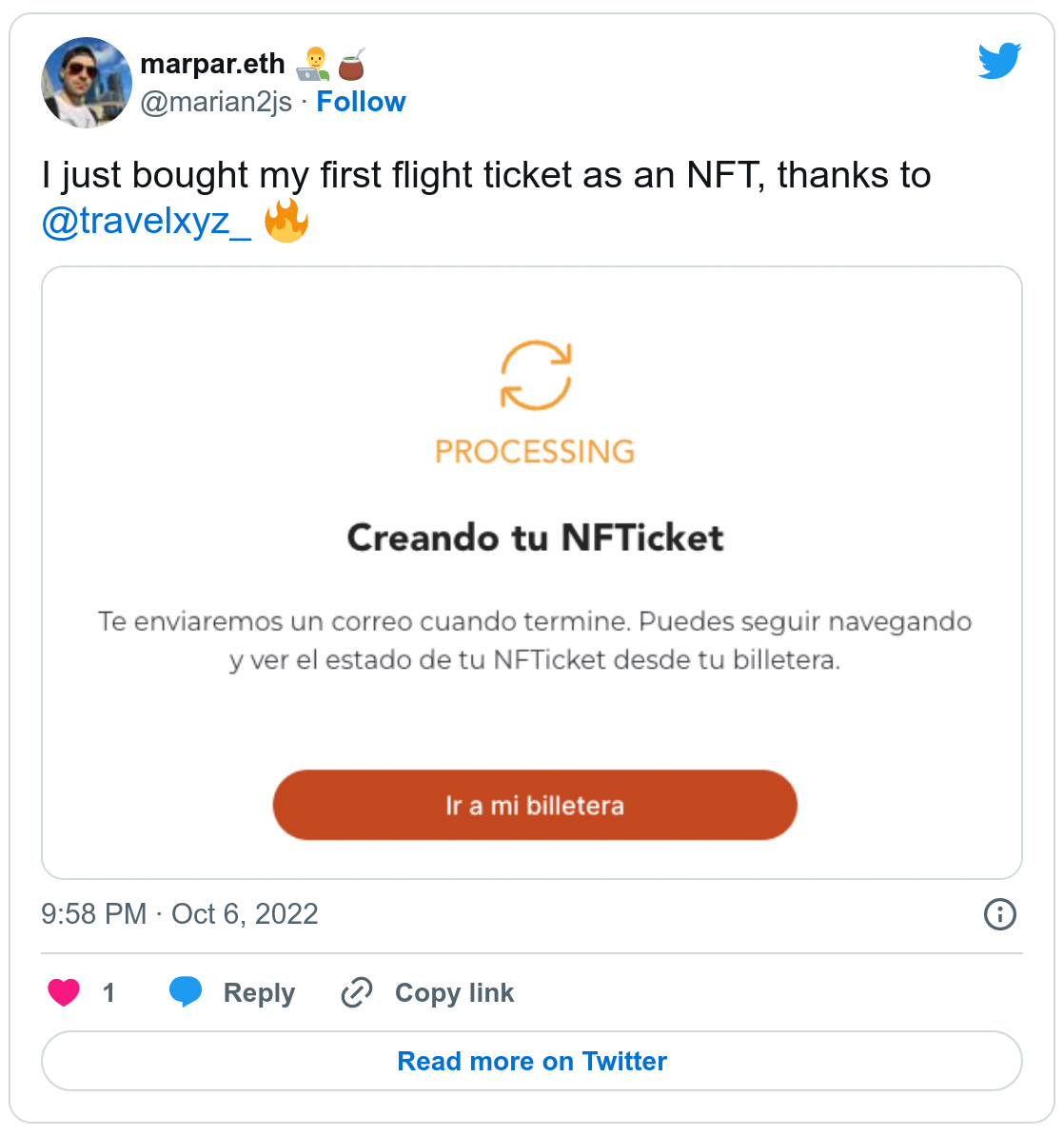Tweet by @marian2js that says: I just bought my first flight ticket as an NFT, thanks to @travelxyz_ fire emoji